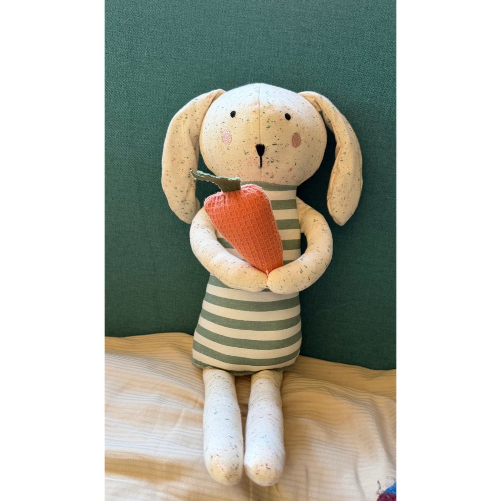 Speckled Fabric Bunny Rabbit Plush with Striped Shirt and Carrot Toy